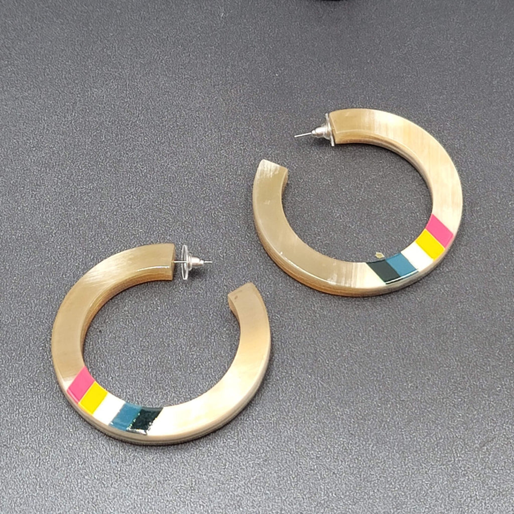 Pierced Earrings Resin Faux Horn Hoops Hand Painted 2 3/8"