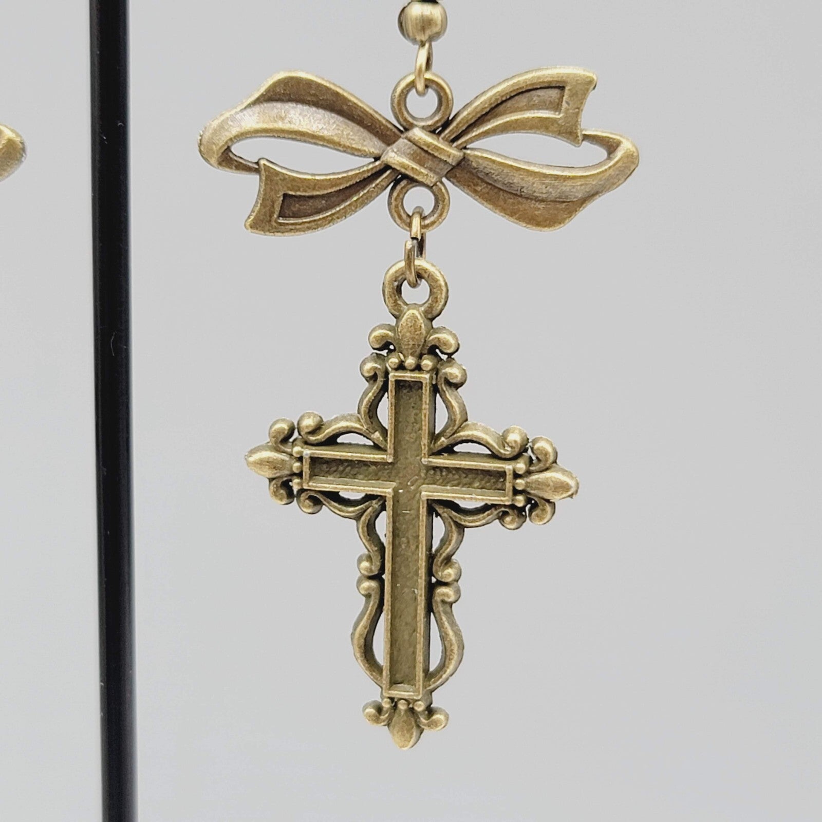 Cross Pierced Earrings Bronze tone Long Bow Dangle New 1.75"