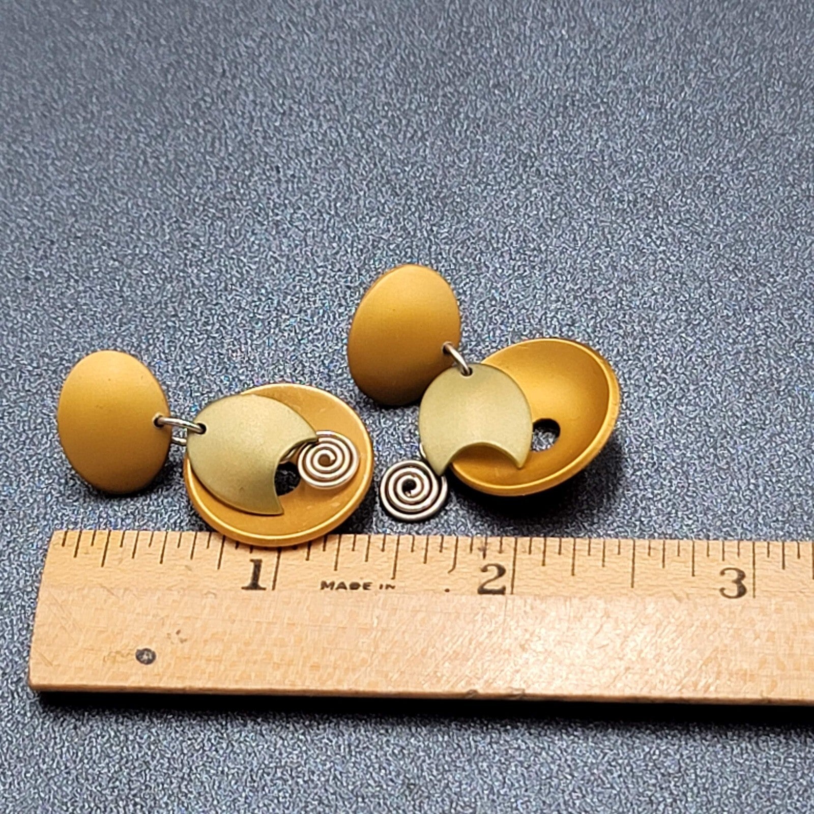 Pierced Earrings Brushed Gold tone Gold Silver Accent Modernist Dangle  1 3/8"