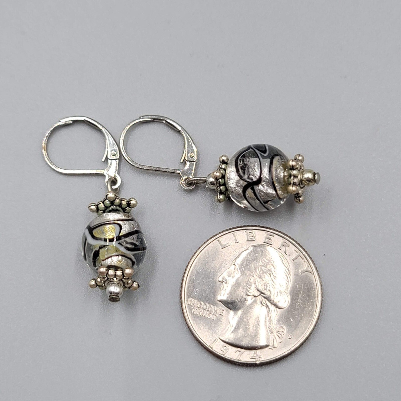 Clear Black Swirl Glass Bead Pierced Earrings Silver tone Dangle 3/4"