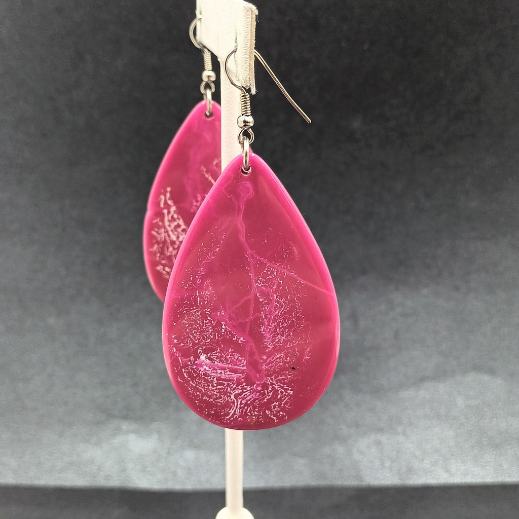 Pierced Earrings Pink Swirl Acrylic Teardrop Silver tone Hook Dangle 2 1/4"