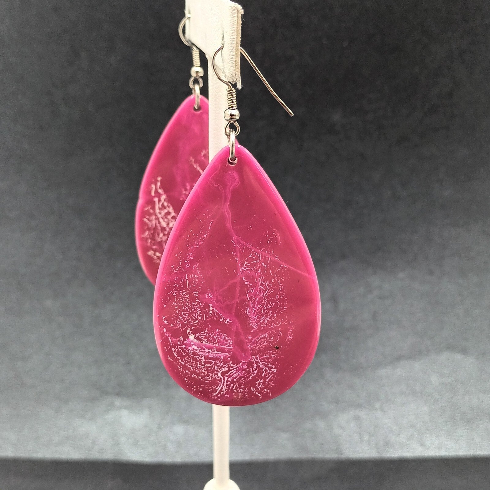 Pierced Earrings Pink Swirl Acrylic Teardrop Silver tone Hook Dangle 2 1/4"