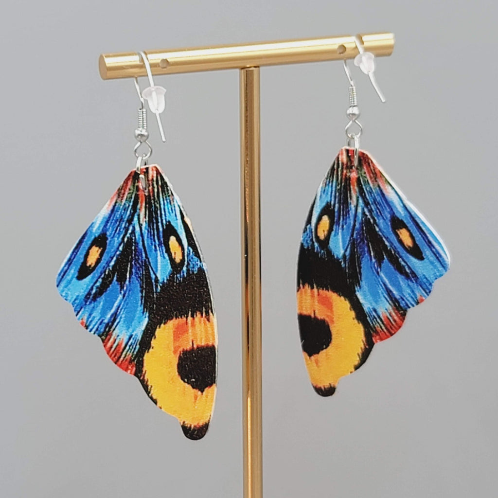 Butterfly Wing Pierced Earrings Blue Orange Statement Dangle 2.25"