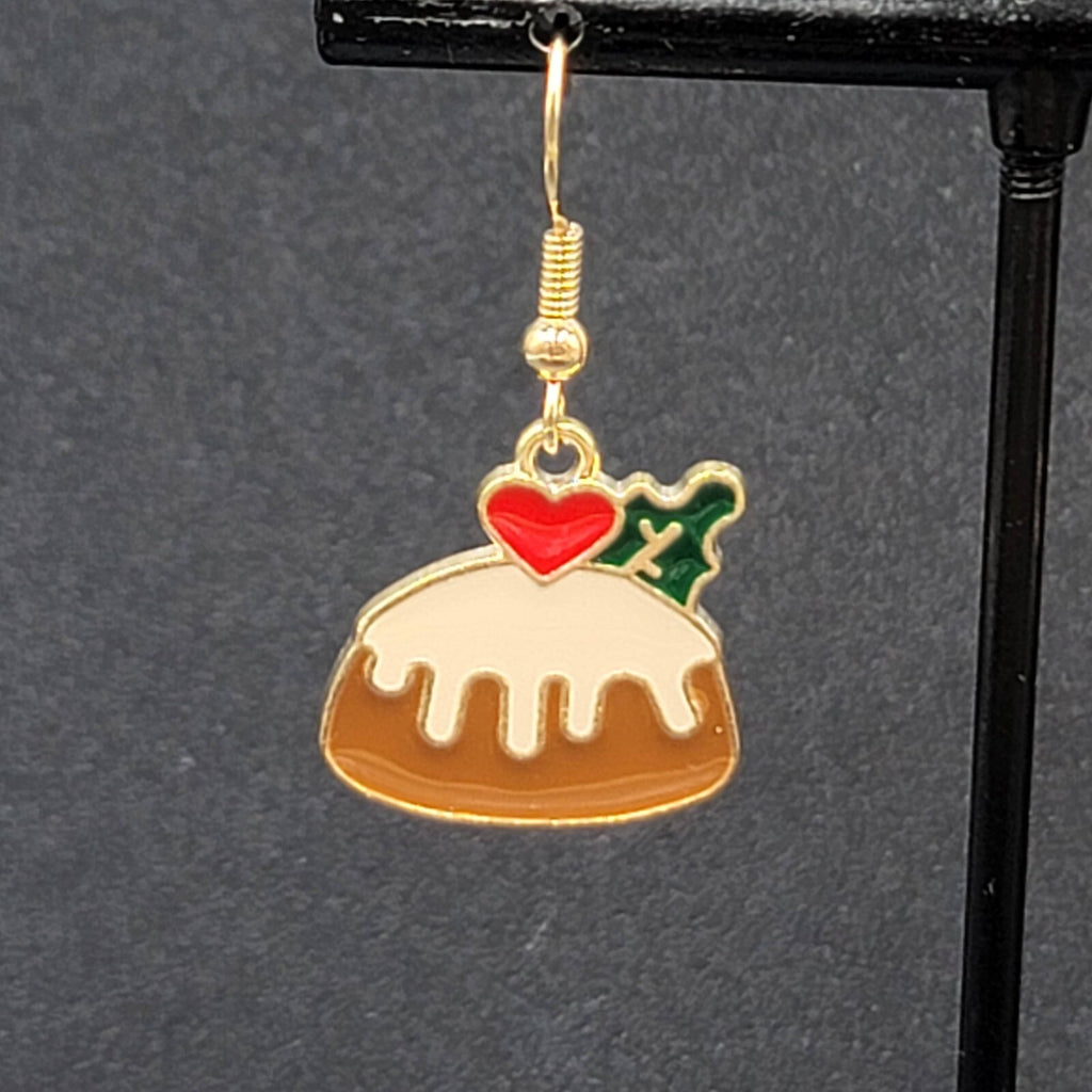 Bundt Cake Pierced Earrings Gold tone Dangle Enamel Sweet Treat 3/4"