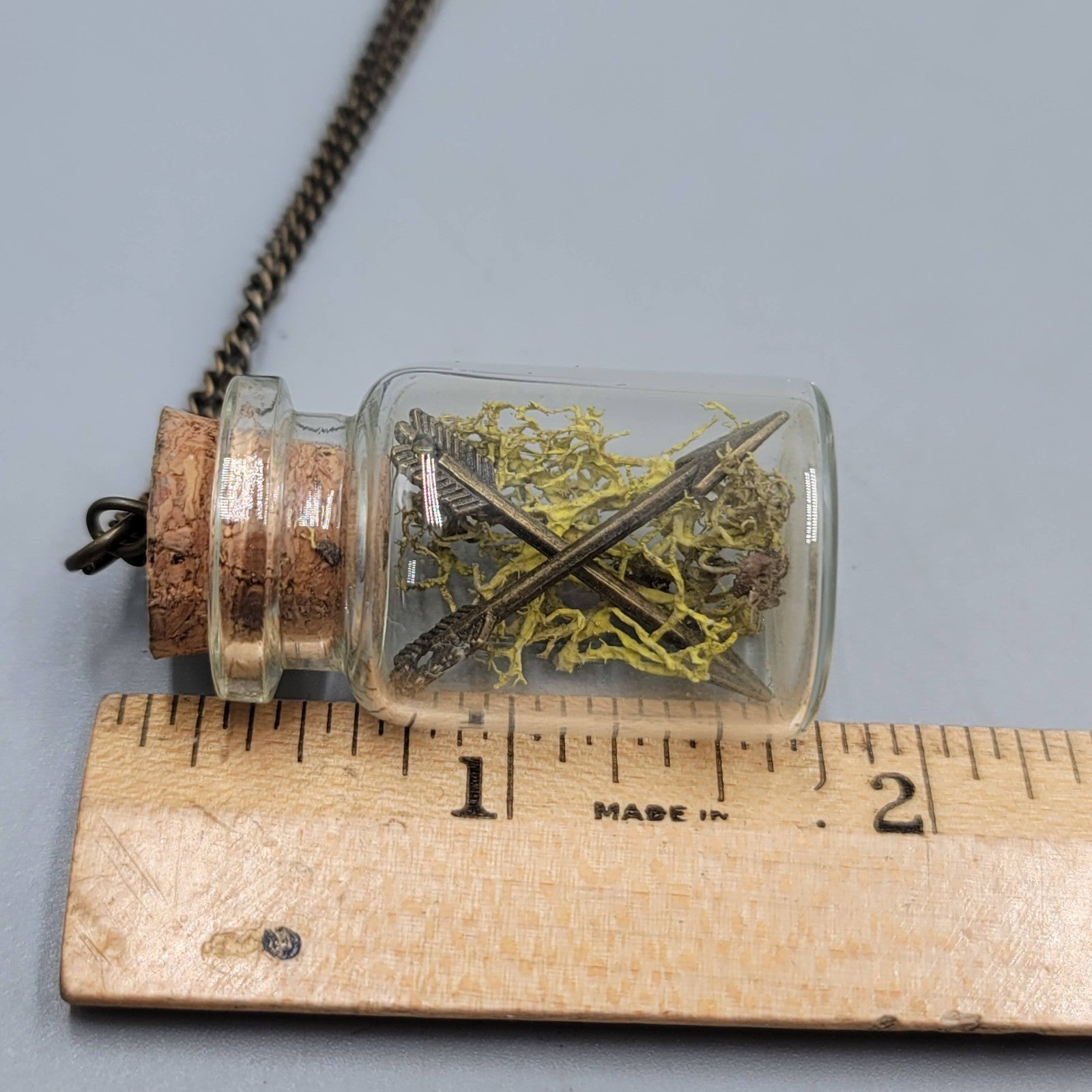 Artisan Glass Bottle Moss Arrows Pendant Necklace Long Bronze tone Chain 32 in