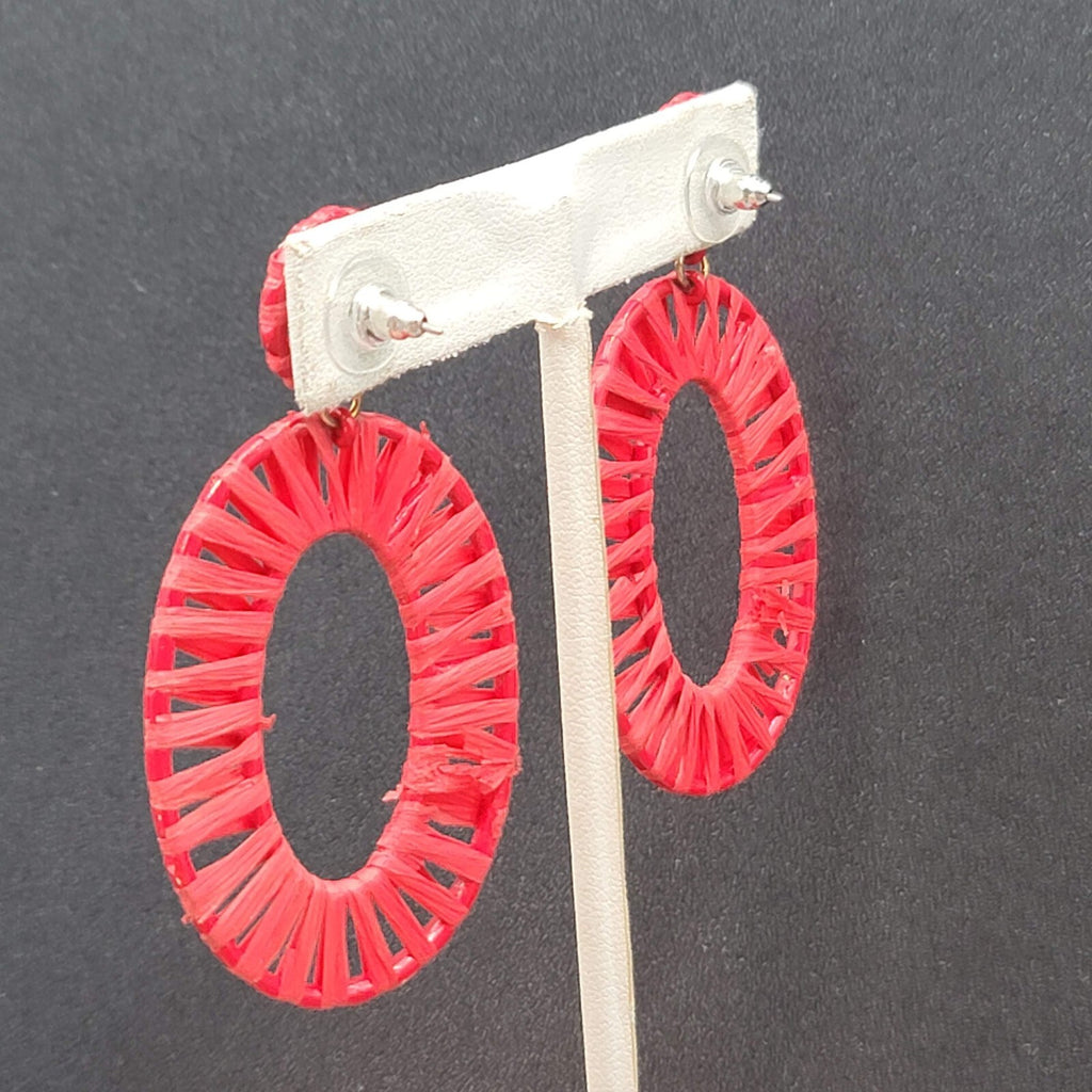 Pierced Earrings Red Rattan Dangle Hoops Statement 2.5"