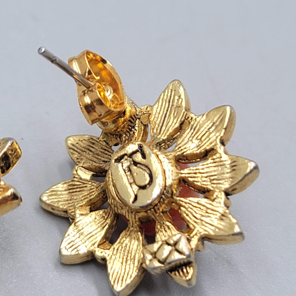 Signed JS Flower Pierced Earrings Gold tone Rhinestone Bead 3/4"