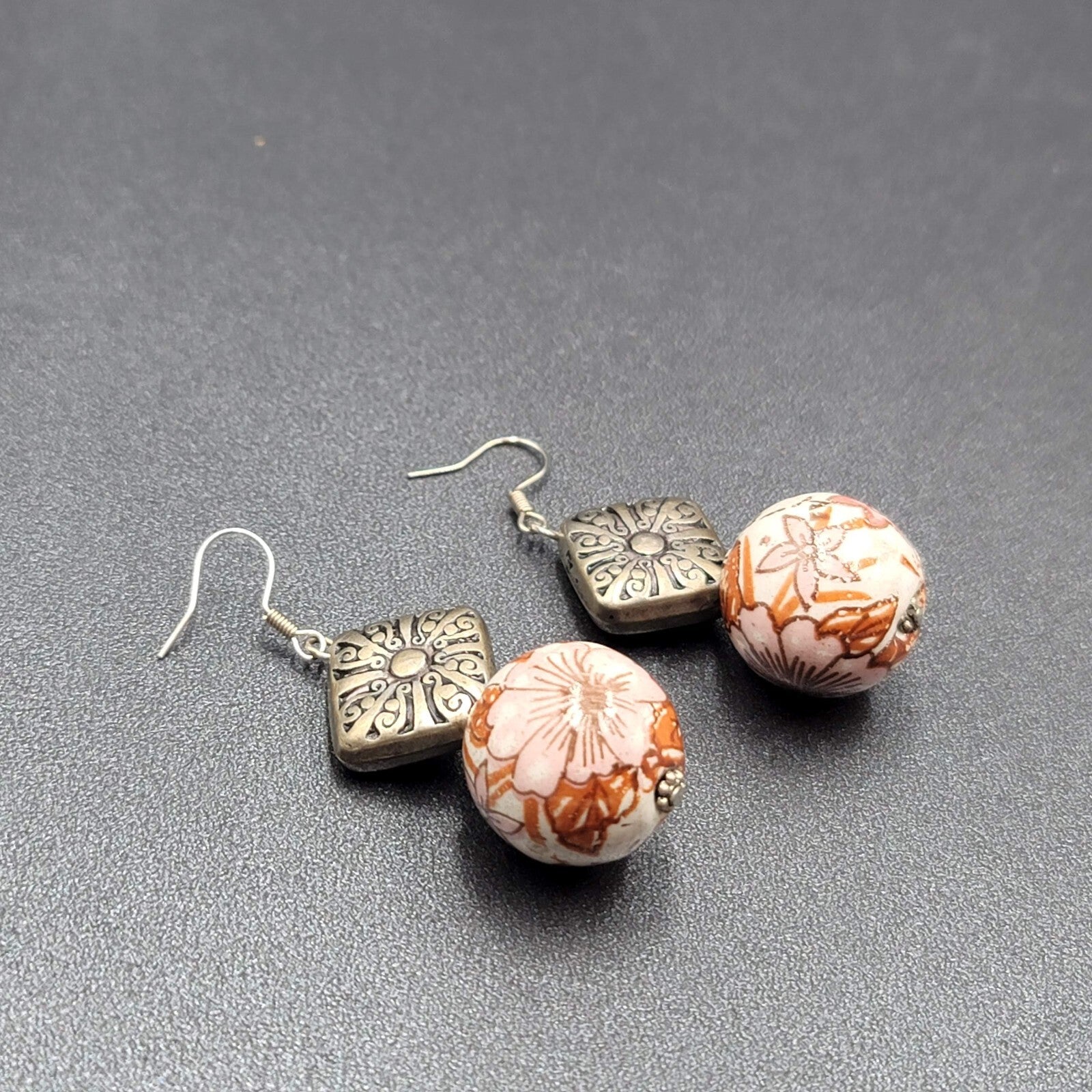 Pierced Earrings Silver tone Hand Painted Floral Pottery Bead  1.5"