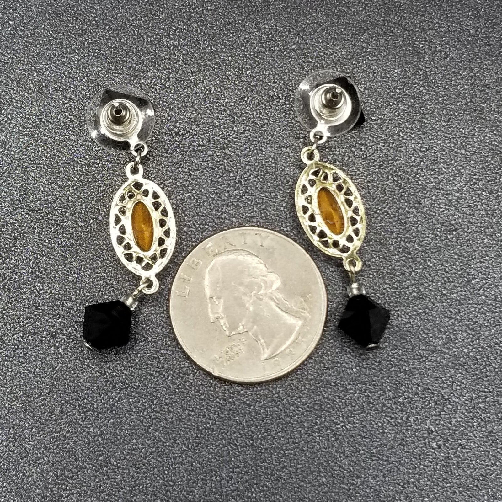 Pierced Earrings Silver tone Open Work Black Clear Faceted Crystal Dangle 1 3/4"