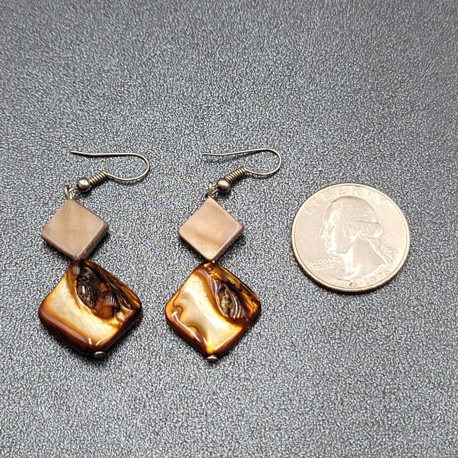 Pierced Earrings Silver tone Dyed Brown Shell Square Beads Dangle 1 3/8"