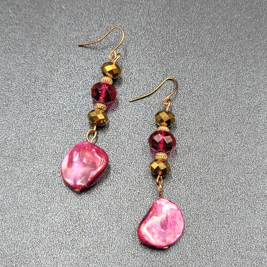 Pierced Earrings Gold tone Pink Beads Dyed Shell Dangle 2 1/8"