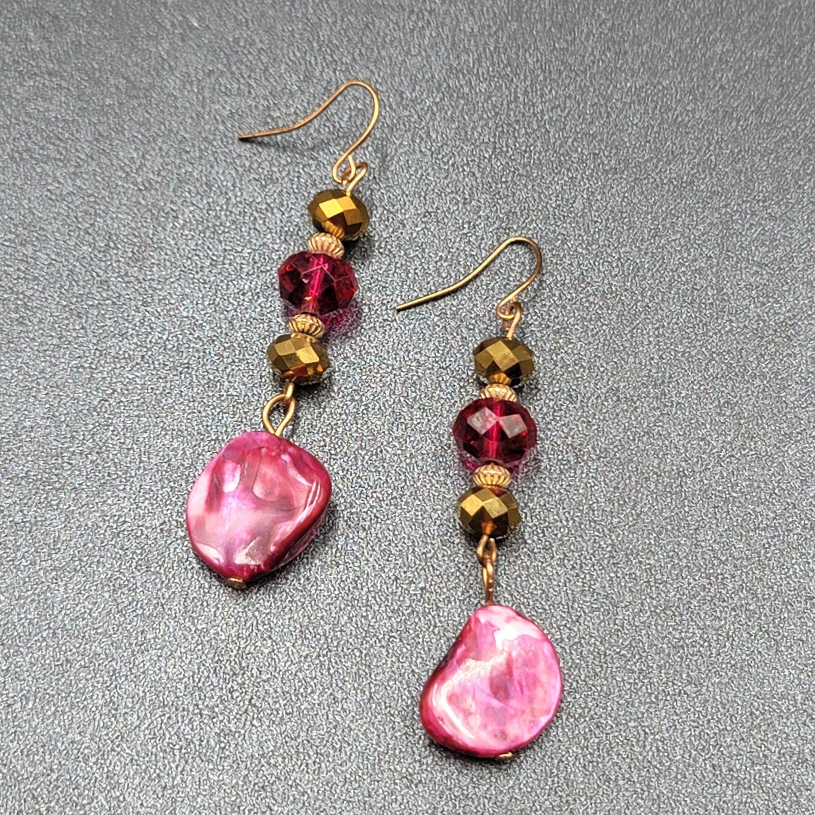 Pierced Earrings Gold tone Pink Beads Dyed Shell Dangle 2 1/8"