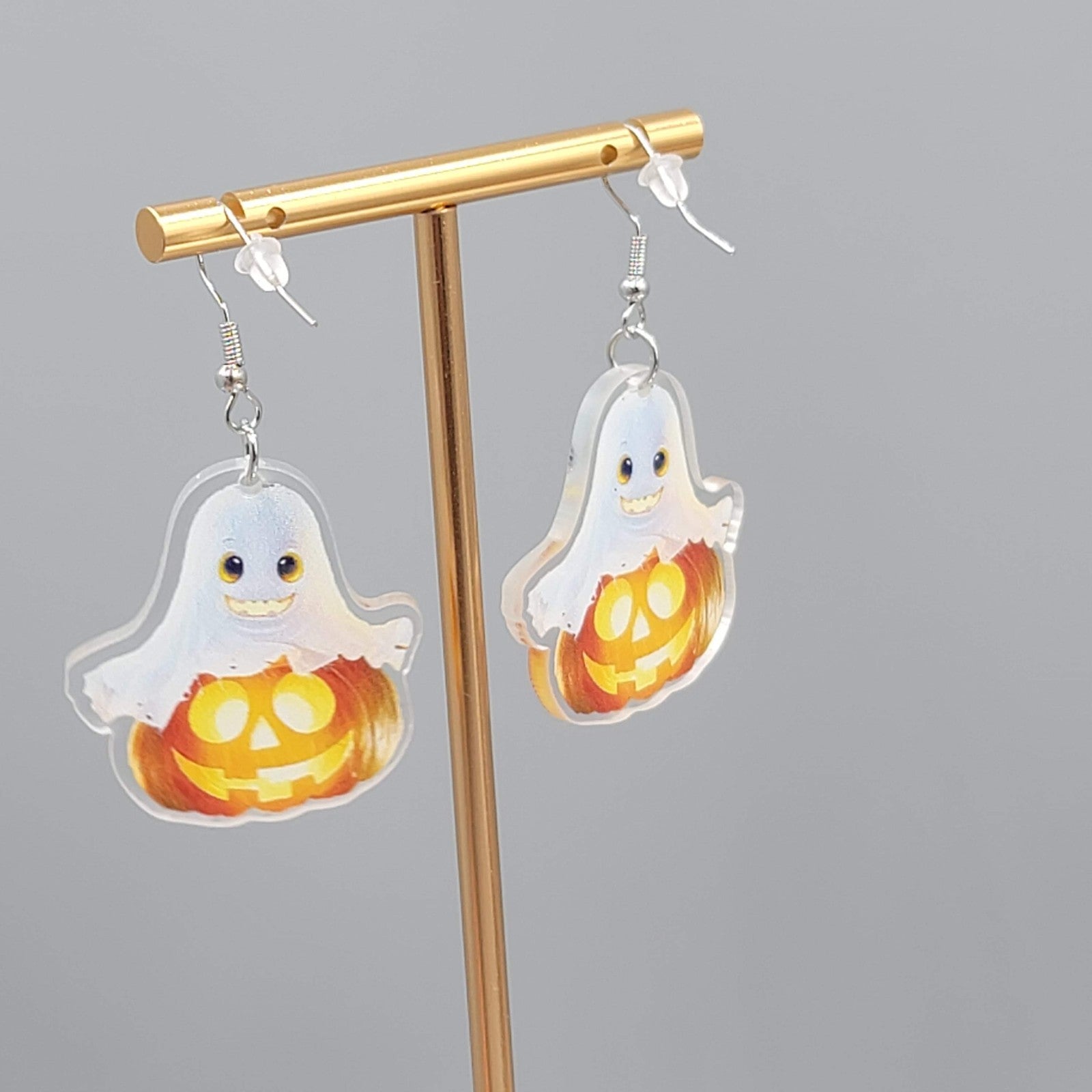 Halloween Ghost Pumpkin Pierced Earrings Silver tone Dangle 1.5 in