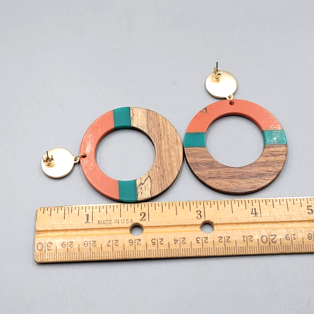 Large Wood Boho Resin Hoops Pierced Earrings Orange Teal 2.75 in