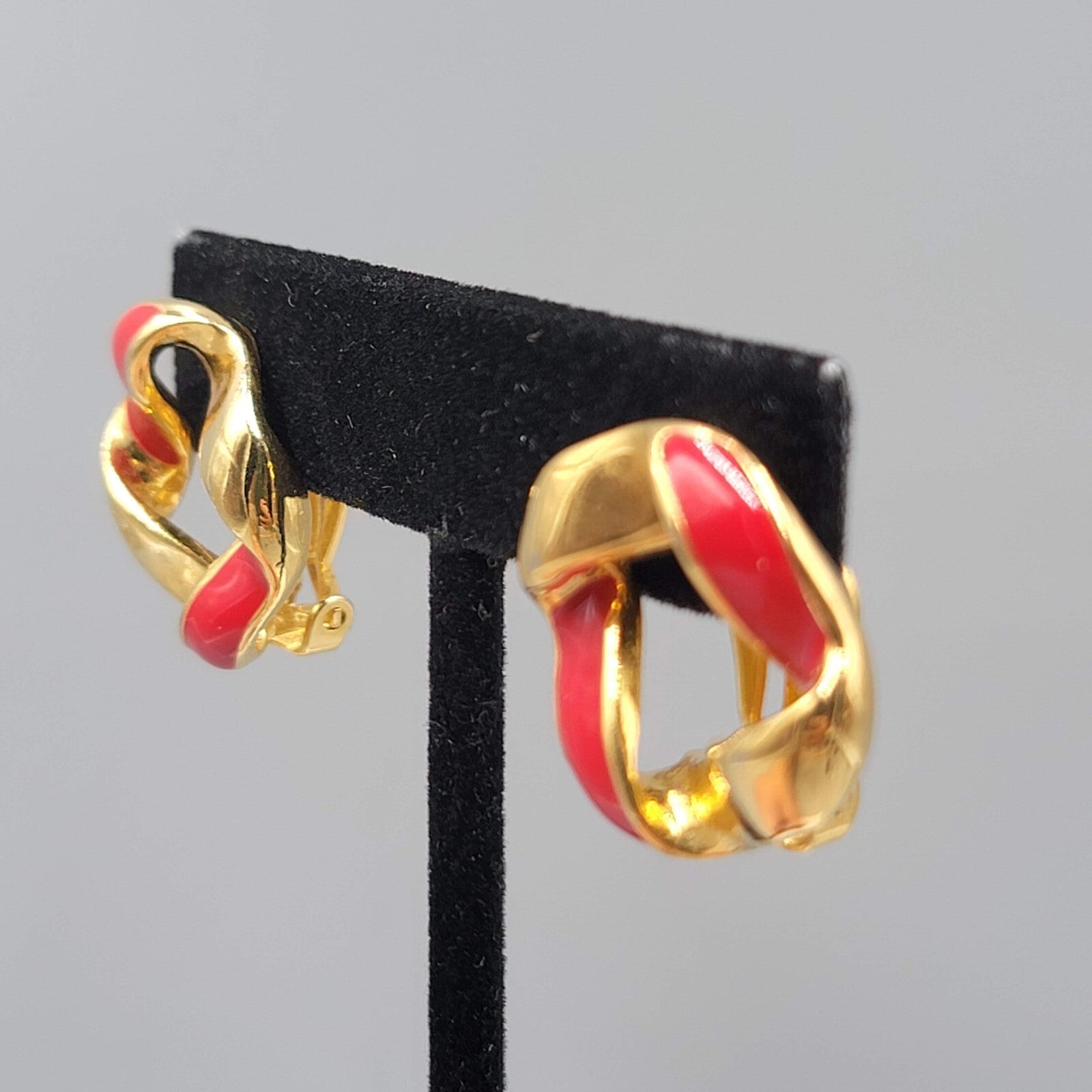 Vintage Clip on Earrings Red Enamel Gold tone Open Center 7/8"
