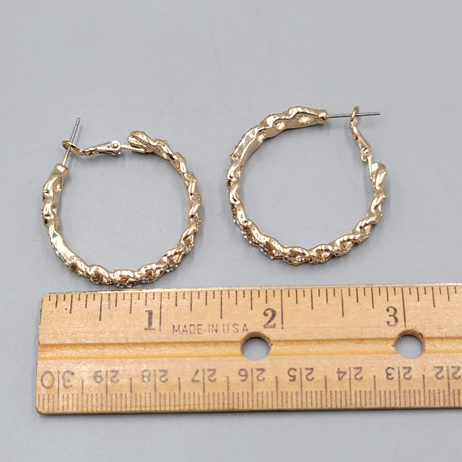 Rhinestone Chain Hoops Pierced Earrings Gold tone 1.25 in