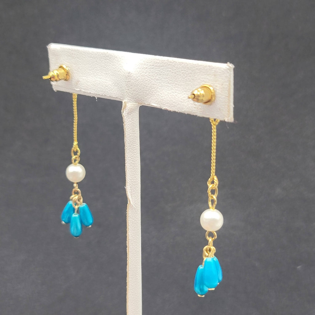 Pierced Earrings Gold Plated Bright Blue Beads Faux Pearl Dangle 2.25"