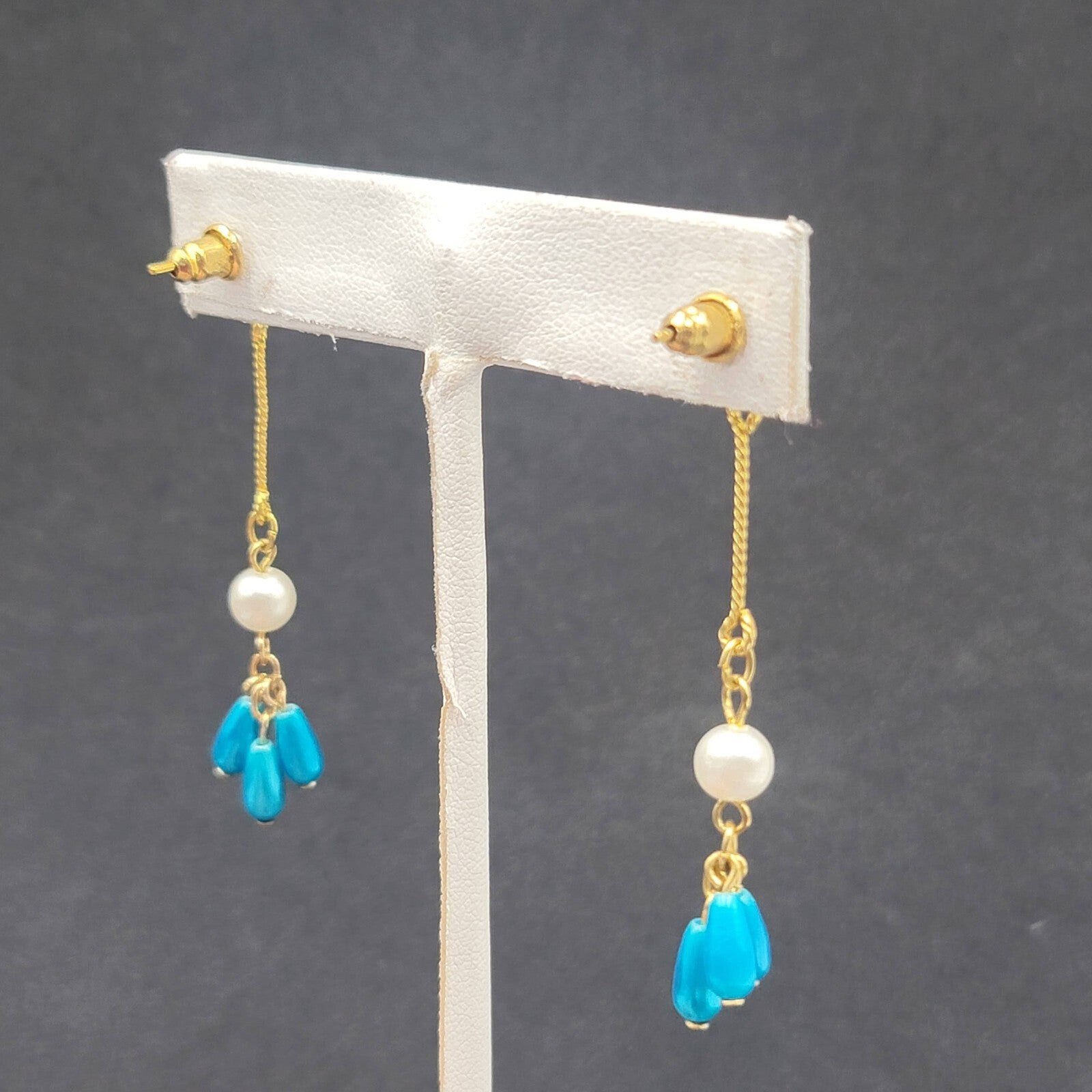 Pierced Earrings Gold Plated Bright Blue Beads Faux Pearl Dangle 2.25"