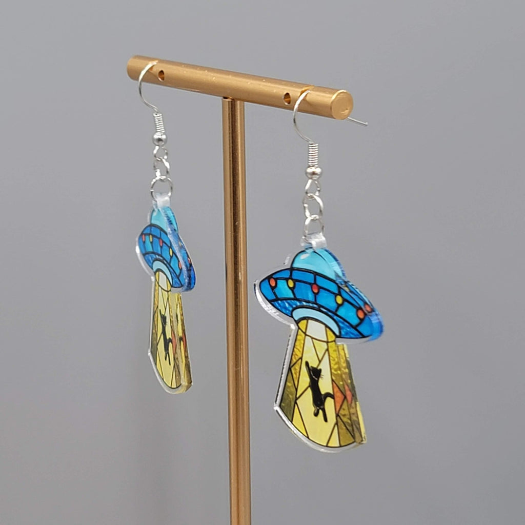 UFO Beam Black Kitty Cat Dangle Pierced Earrings Silver tone New 1.75"