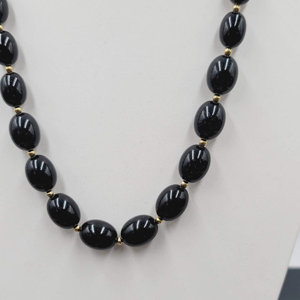 Vintage MONET Necklace Black Graduated Bead Gold tone Estate Jewelry 28"