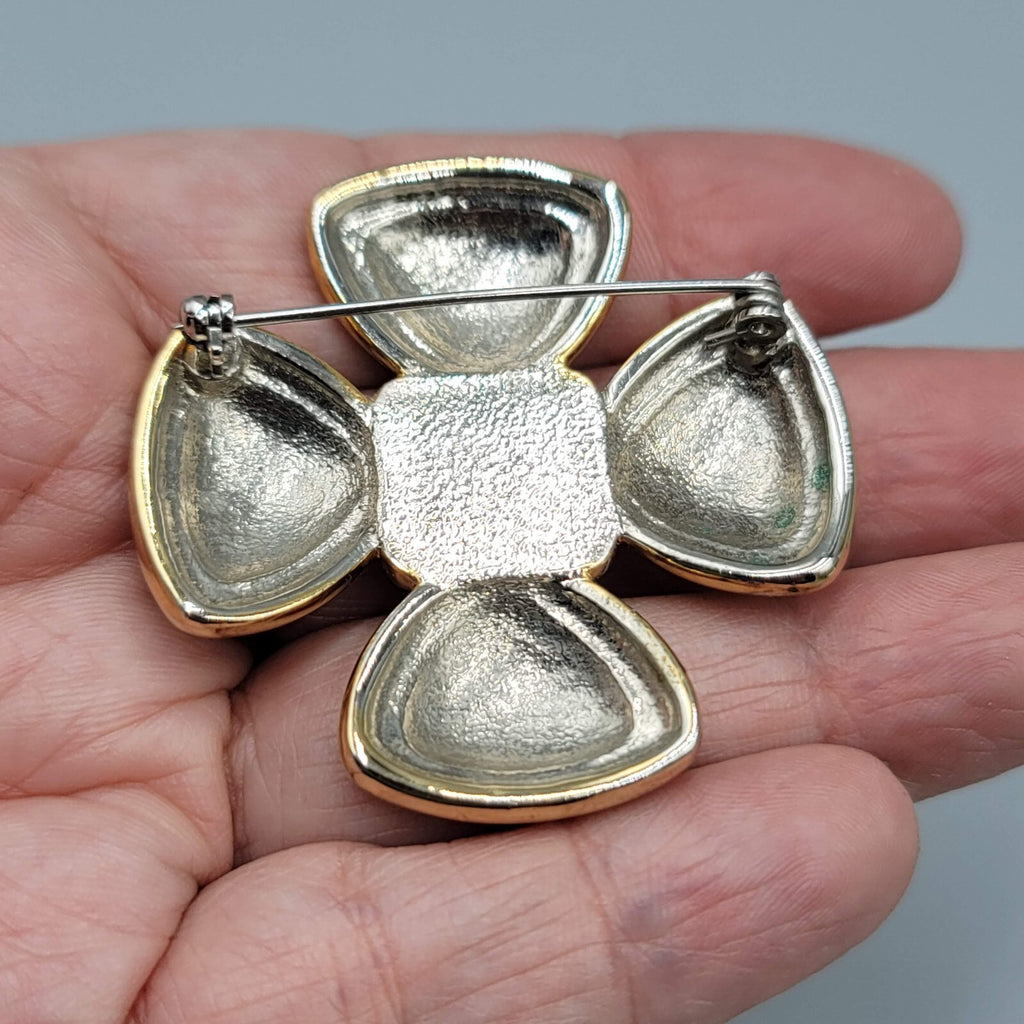 Vintage Brooch Gold and Silver tone Cross Black Center 1.75"