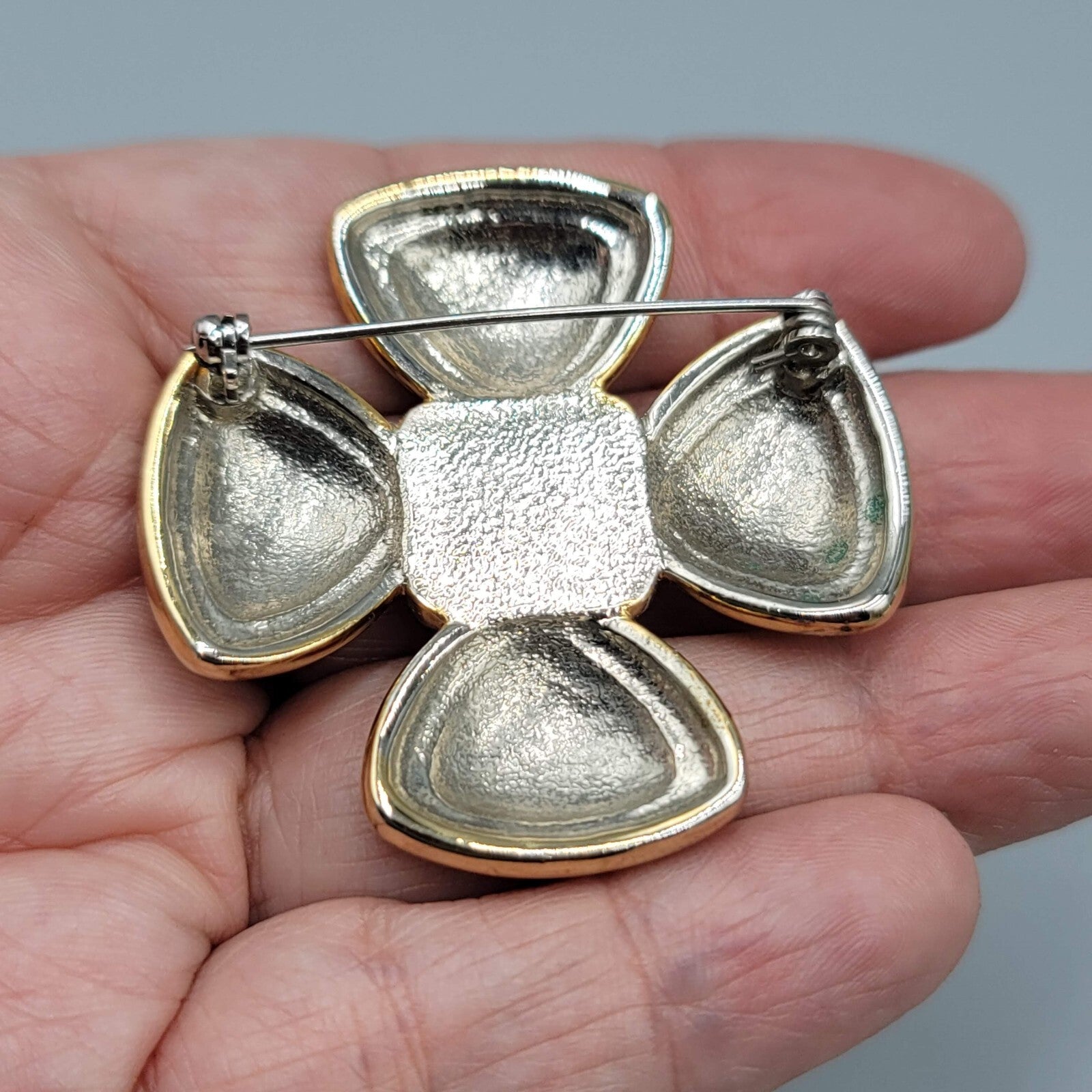 Vintage Brooch Gold and Silver tone Cross Black Center 1.75"