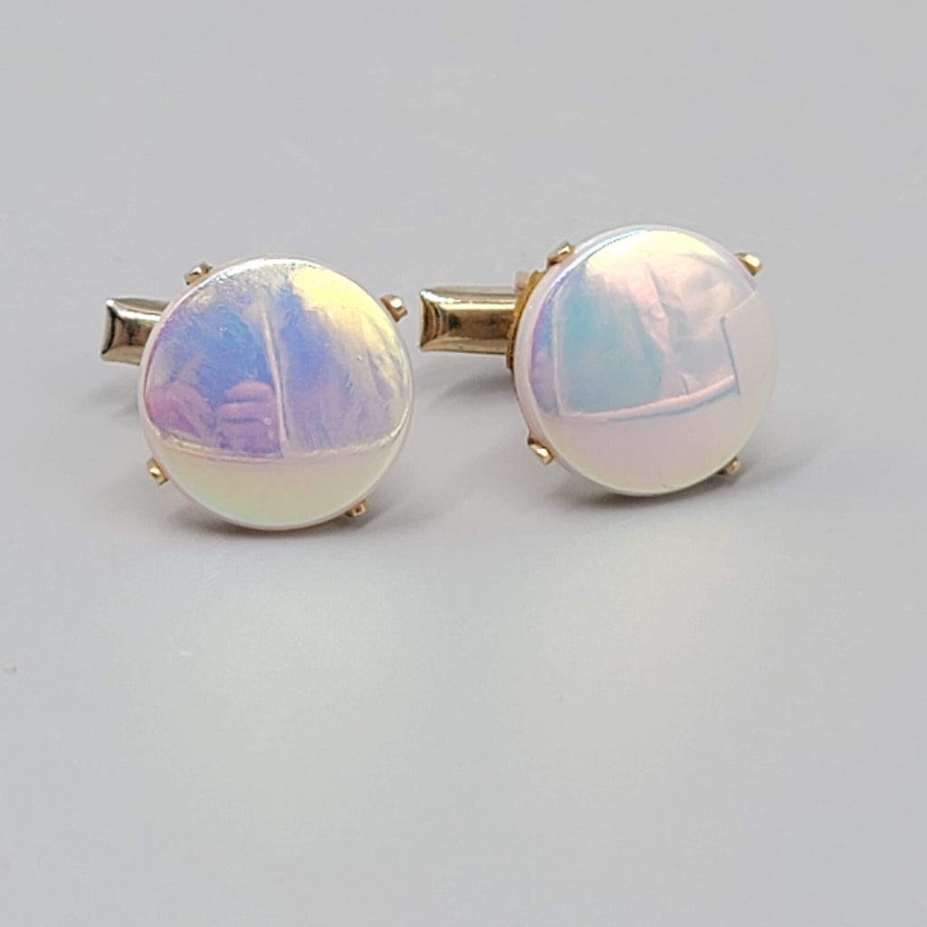 Vintage Iridescent Glass Round Mens Cufflinks Gold tone Mens Estate Jewelry 3/4"