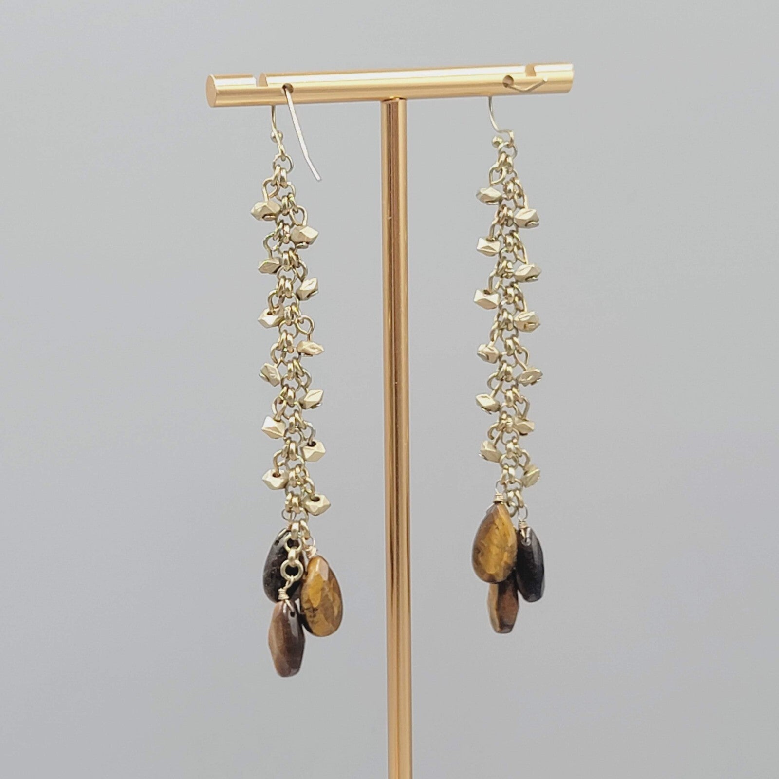 Long Tigers Eye Stone Bead Pierced Earrings Gold tone Dangle 3"