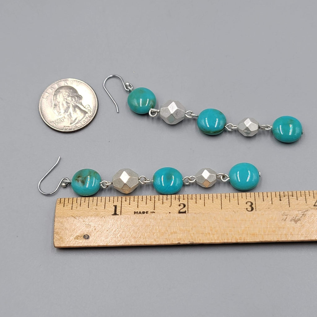 Long Bead Pierced Earrings Blue and Silver tone Dangle 3"