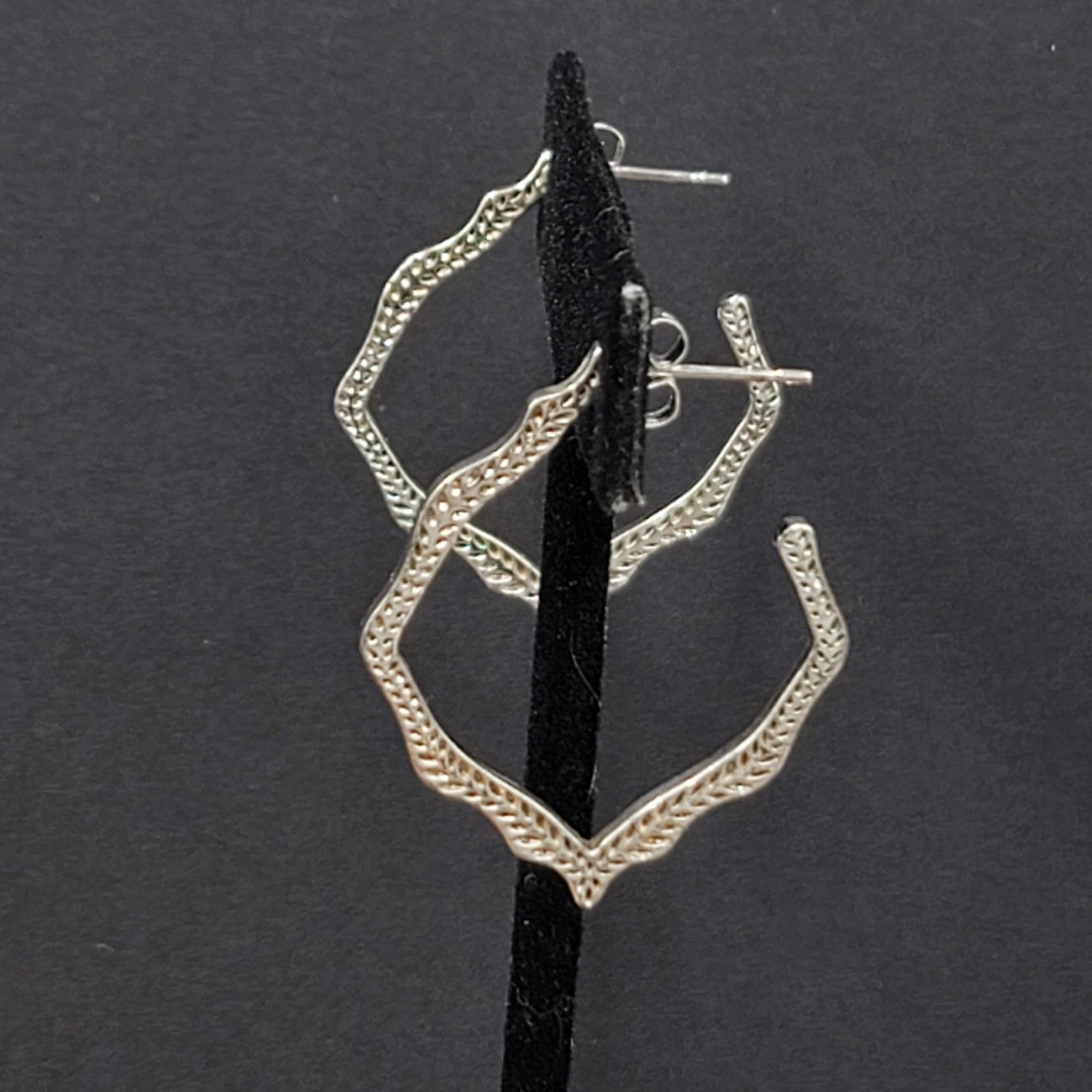 Etched Scalloped Hoops Pierced Earrings Silver tone Drop  1 3/8"