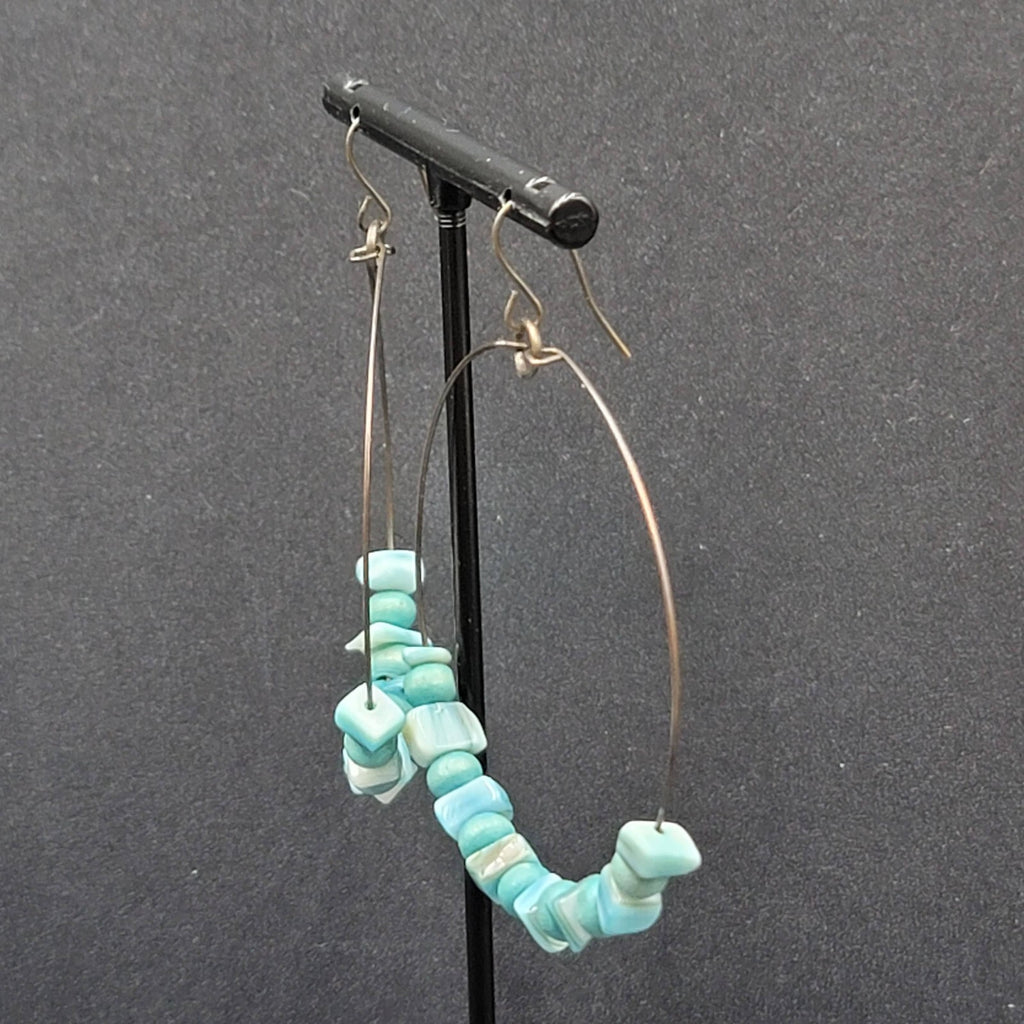 Pierced Earrings Bronze tone Blue Shell and Wood Bead Hoops  2"