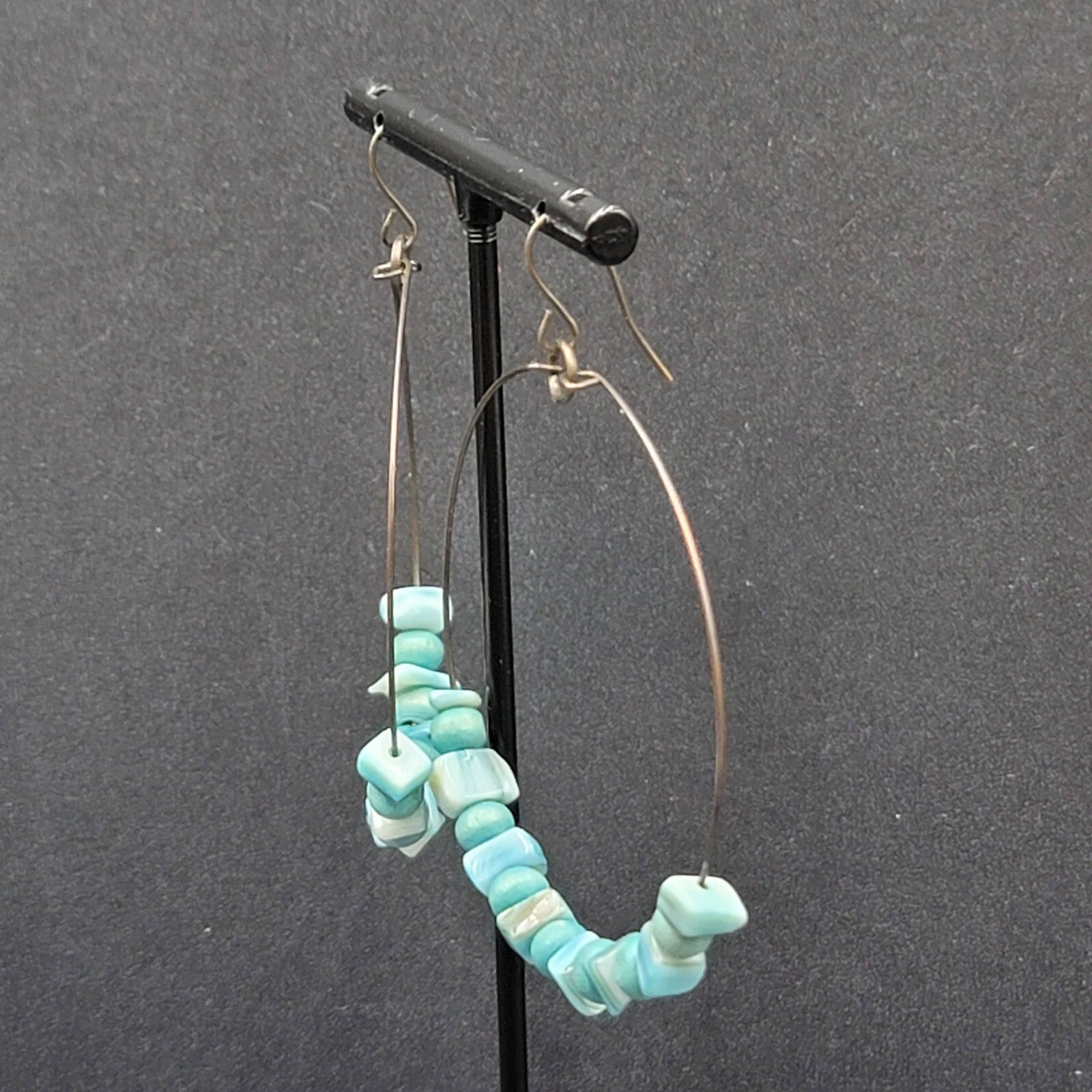 Pierced Earrings Bronze tone Blue Shell and Wood Bead Hoops  2"