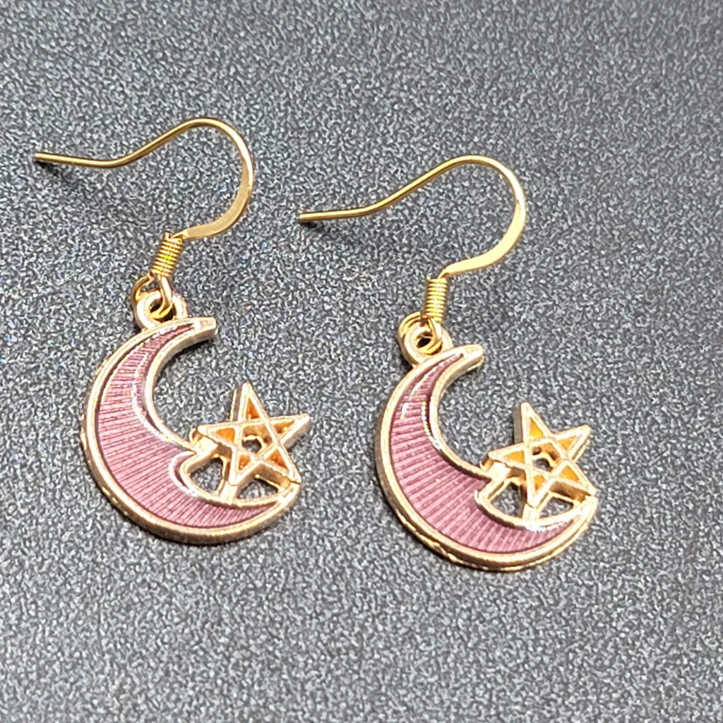 New Moon Star Pierced Earrings Gold tone Purple Enamel Dangle 3/4"