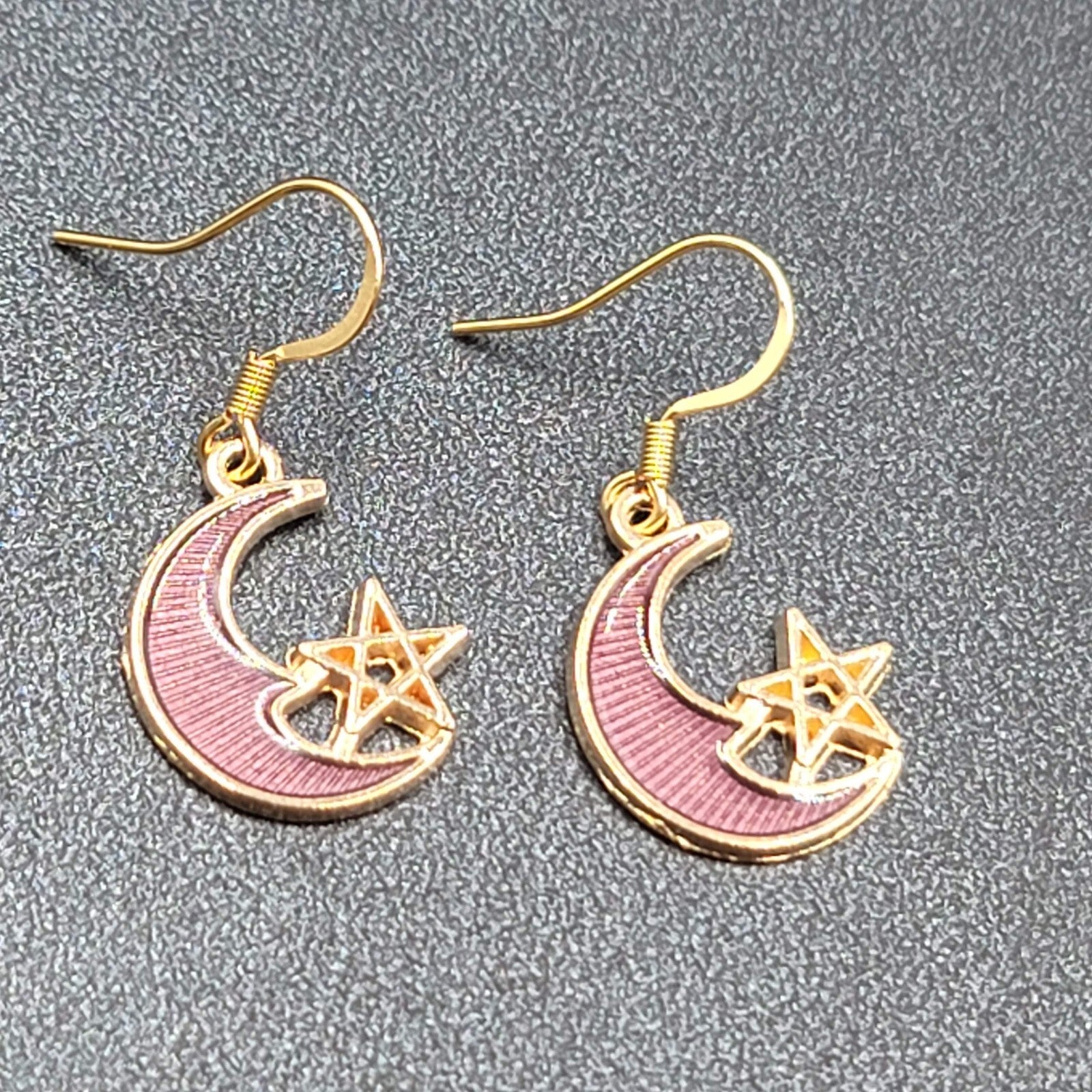 New Moon Star Pierced Earrings Gold tone Purple Enamel Dangle 3/4"