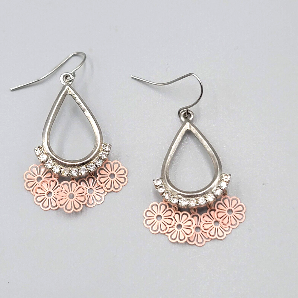 Pink Flowers Pierced Earrings Silver tone Teardrop Rhinestone Dangle 1 3/8"