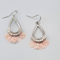 Pink Flowers Pierced Earrings Silver tone Teardrop Rhinestone Dangle 1 3/8"