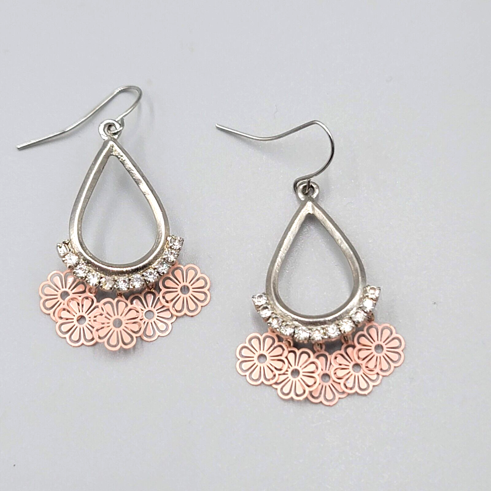 Pink Flowers Pierced Earrings Silver tone Teardrop Rhinestone Dangle 1 3/8"