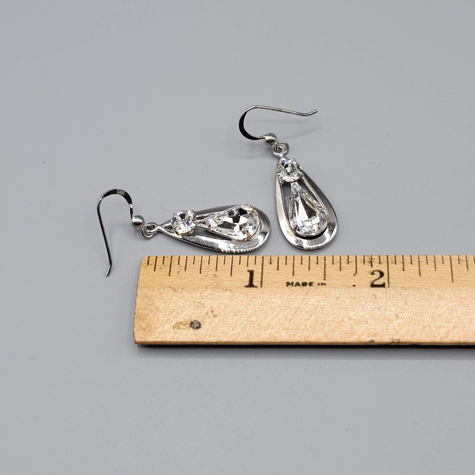 Dangle Crystal Pierced Earrings Silver tone Teardrop Sterling Hooks 1 1/8"