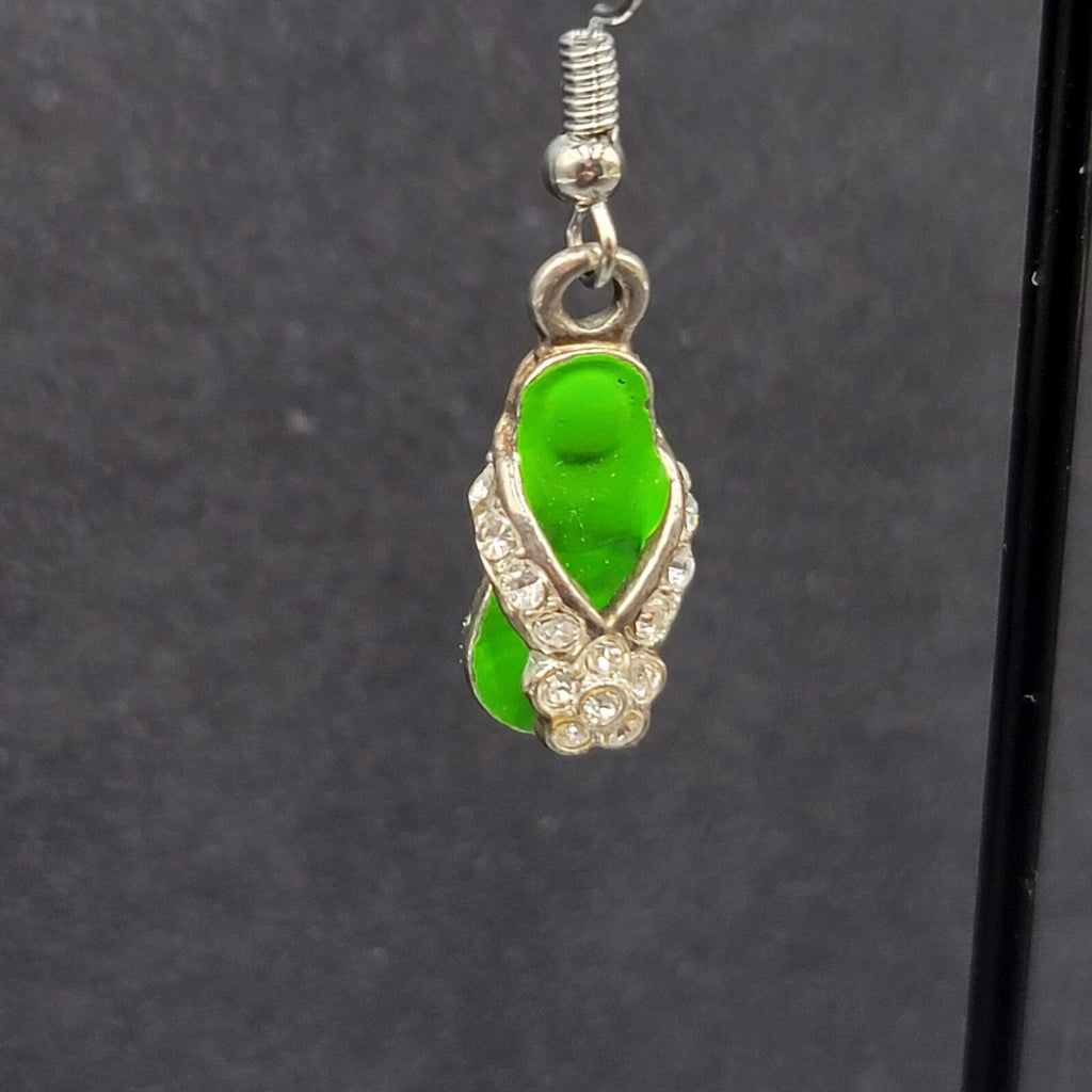 Pierced Earrings Green Enamel Flip Flop Rhinestone Dangle 1"