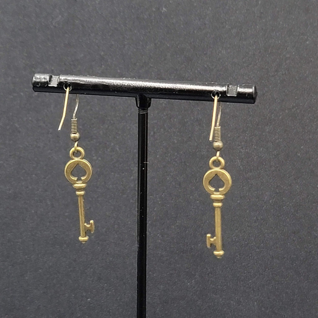 New Pierced Earrings Spade Skeleton Key Bronze tone Dangle 1 1/8"