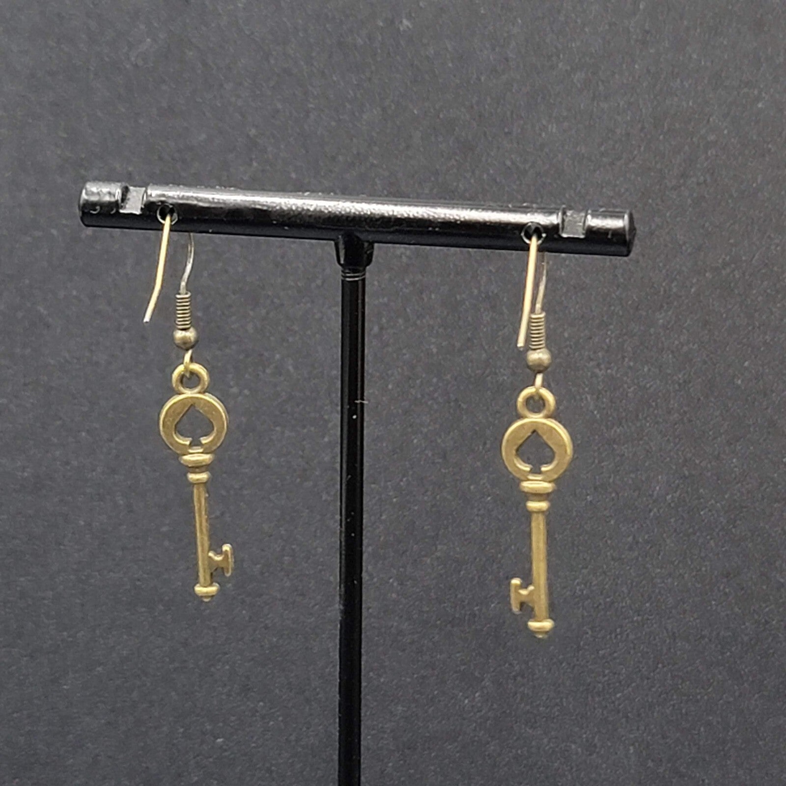 New Pierced Earrings Spade Skeleton Key Bronze tone Dangle 1 1/8"