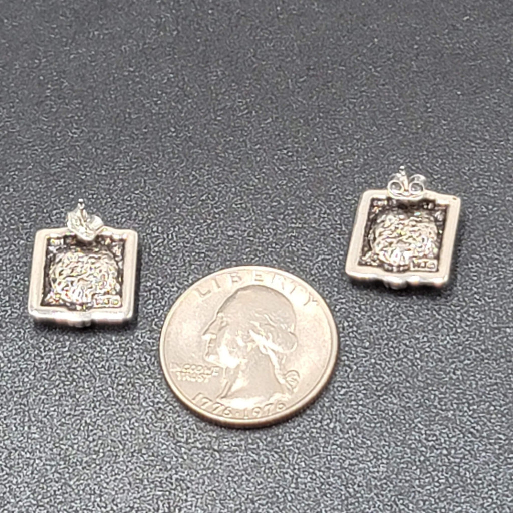 Vintage Pierced Earrings Silver tone Red Blue Acrylic Ying Yang Studs NOS 5/8"