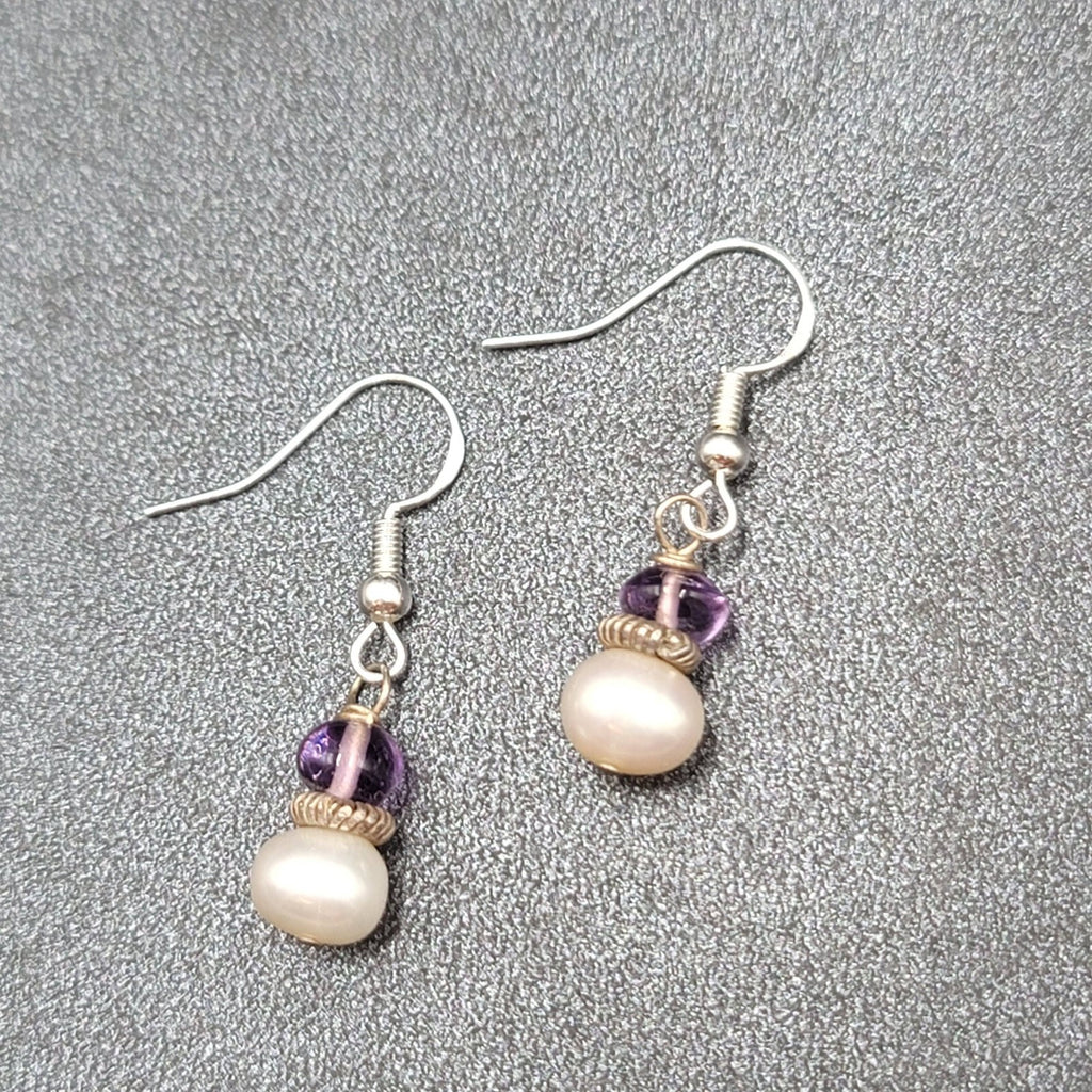Sterling Silver Pierced Earrings Pearl Amethyst Bead Dangle 5/8"