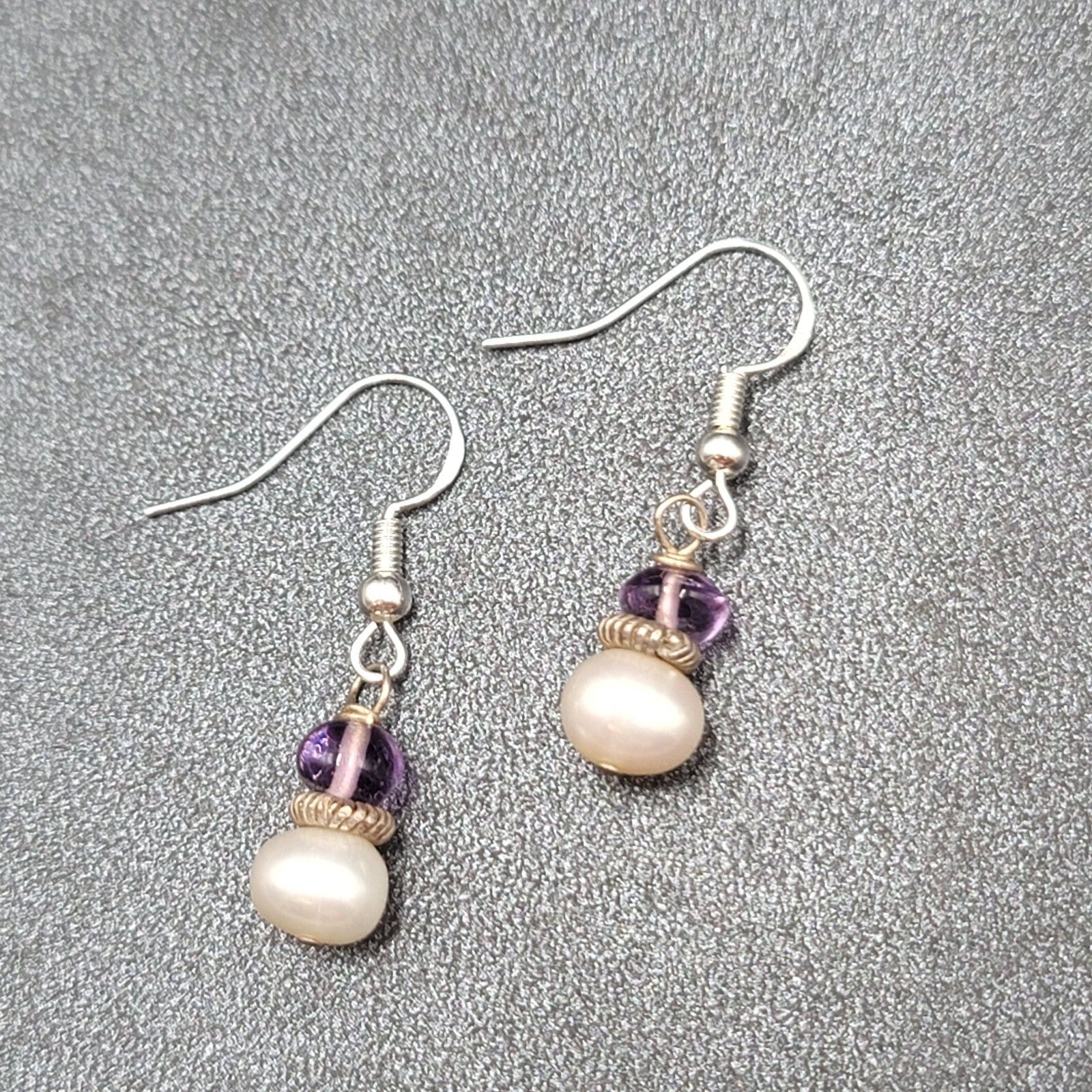 Sterling Silver Pierced Earrings Pearl Amethyst Bead Dangle 5/8"