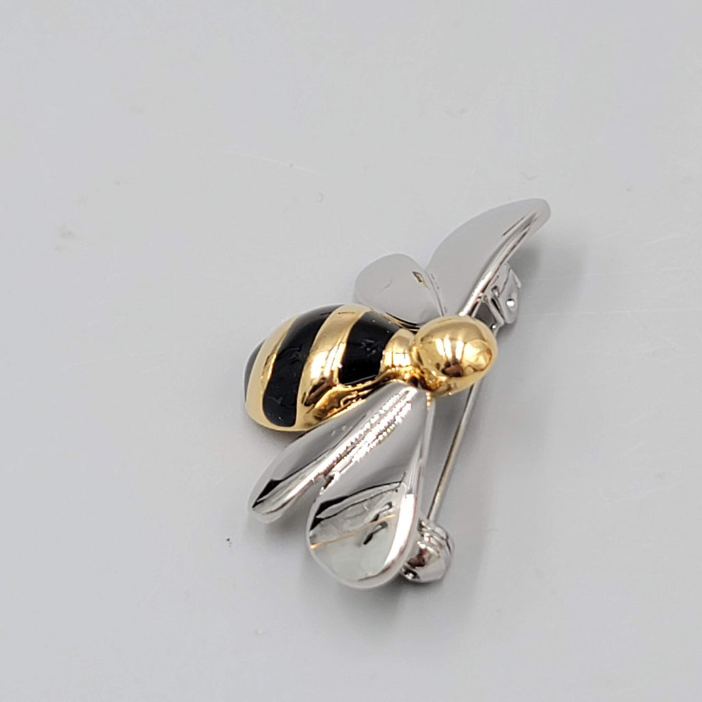 Vintage Bee Brooch Gold and Silver toen Black Enamel High Polish 1 5/8"