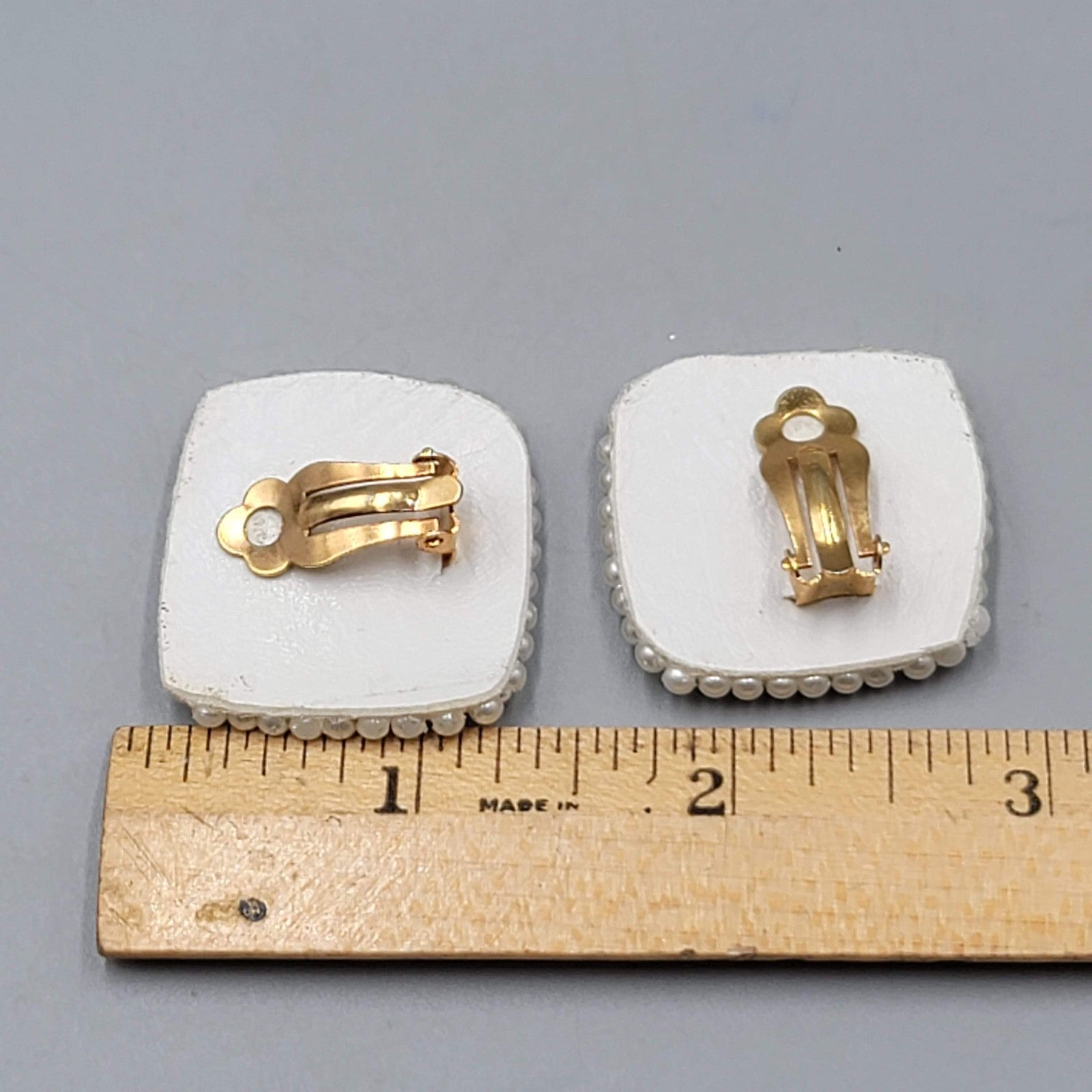 Vintage White Bead Sequin Leather Clip on Earrings Square Gold tone 1.25"
