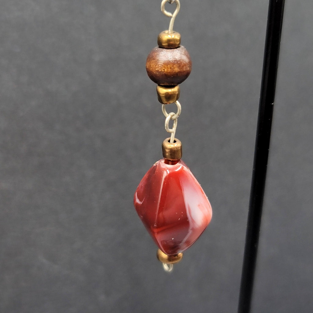 Pierced Earrings Wood Bead Red Swirl Acrylic Bead Dangle  1.75"
