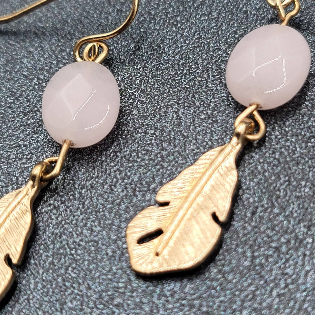 Pierced Earrings Gold tone Pink Quartz Metal Feather Dangle 1 3/8"