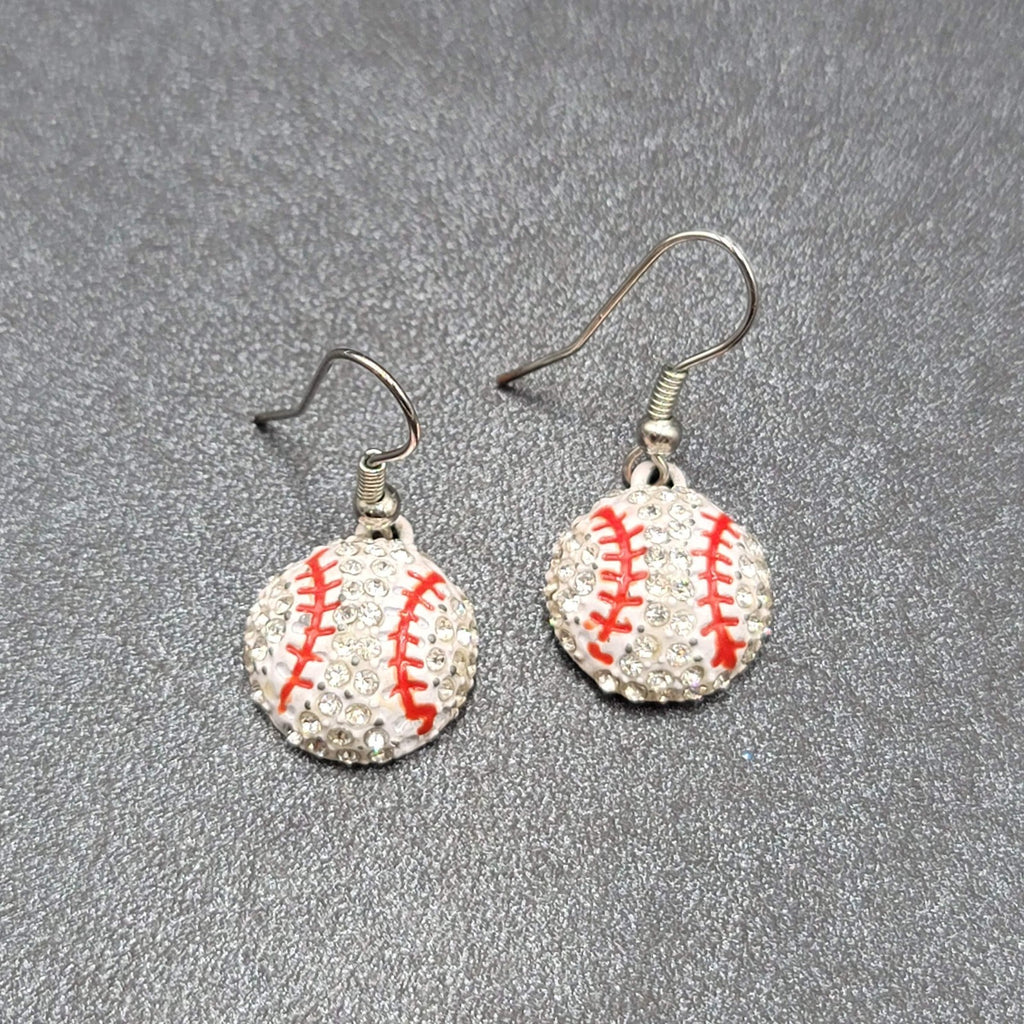 Baseball Pierced Earrings Rhinestone Enamel Dangle 3/4"