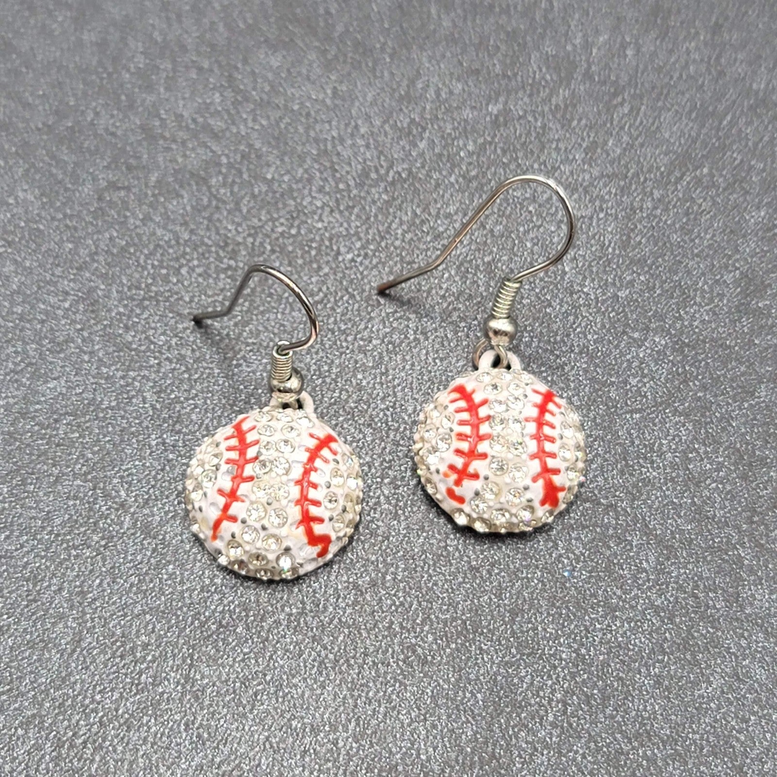 Baseball Pierced Earrings Rhinestone Enamel Dangle 3/4"